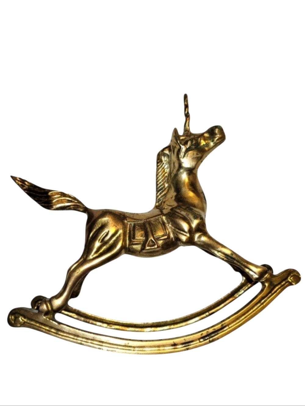 Vintage Solid Brass Rocking Unicorn Whimsical Figurine Decor 6" X 7" Heavy Brass
